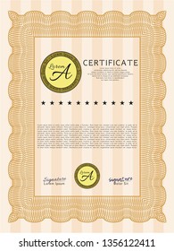 Orange Classic Certificate template. Customizable, Easy to edit and change colors. With guilloche pattern and background. Sophisticated design. 