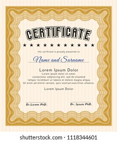 Orange Classic Certificate template. Easy to print. Vector illustration. Modern design. 
