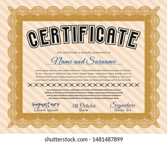Orange Classic Certificate template. Easy to print. Detailed. Money style design. 