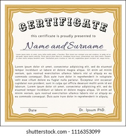 Orange Classic Certificate template. Excellent design. With complex linear background. Detailed. 