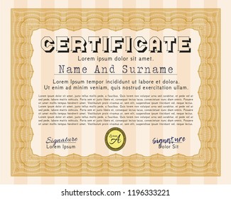 Orange Classic Certificate template. Good design. Vector illustration. With great quality guilloche pattern. 