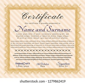 Orange Classic Certificate template. With great quality guilloche pattern. Lovely design. Vector illustration. 