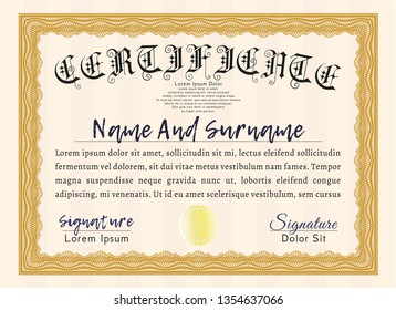 Orange Classic Certificate template. With great quality guilloche pattern. Modern design. Detailed. 