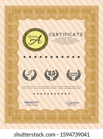 Orange Classic Certificate template. With great quality guilloche pattern. Money Pattern. Detailed. 