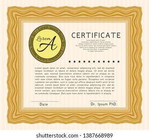 Orange Classic Certificate template. Lovely design. With complex linear background. Vector illustration. 