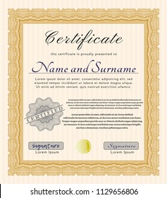 Orange Classic Certificate template. Money Pattern. With complex linear background. Customizable, Easy to edit and change colors. 