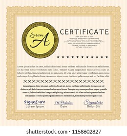 Orange Classic Certificate template. Money style design. With linear background. Vector illustration. 