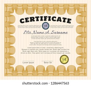 Orange Classic Certificate template. Money Pattern. Detailed. With linear background. 