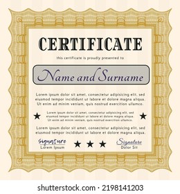 Orange Classic Certificate template.  Money Pattern design.   Detailed. 