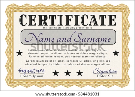 Orange Classic Certificate template. Money style design. With guilloche pattern and background. Vector illustration. 
