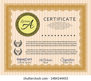 Orange Classic Certificate template. Nice design. Vector illustration. With quality background. 