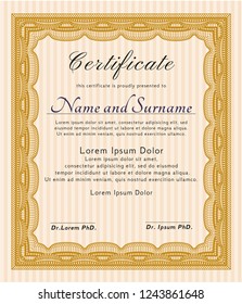 Orange Classic Certificate template. Perfect design. With guilloche pattern. Vector illustration. 