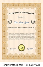 Orange Classic Certificate template. Perfect design. With guilloche pattern and background. Detailed. 