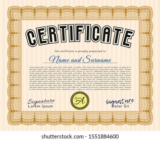 Orange Classic Certificate template. Perfect design. With great quality guilloche pattern. Detailed. 