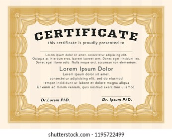 Orange Classic Certificate template. With quality background. Vector illustration. Retro design. 