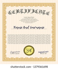 Orange Classic Certificate template. With quality background. Vector illustration. Artistry design. 