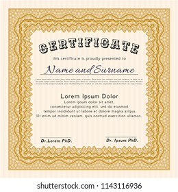 Orange Classic Certificate template. Retro design. Vector illustration. With great quality guilloche pattern. 