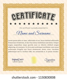 Orange Classic Certificate template. Retro design. With linear background. Detailed. 