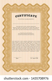 Orange Classic Certificate template. Retro design. Detailed. With guilloche pattern and background. 