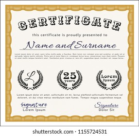 Orange Classic Certificate template. Sophisticated design. With quality background. Vector illustration. 