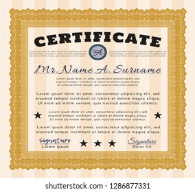 Orange Classic Certificate template. Sophisticated design. Vector illustration. With complex linear background. 