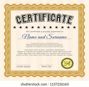 Orange Classic Certificate template. Superior design. With background. Vector illustration. 