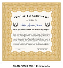 Orange Classic Certificate template. Vector illustration. With guilloche pattern and background. Superior design. 