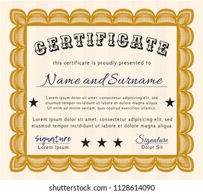 Orange Classic Certificate template. Vector illustration. With great quality guilloche pattern. Cordial design. 