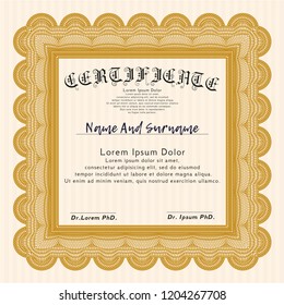 Orange Classic Certificate template. Vector illustration. With great quality guilloche pattern. Sophisticated design. 