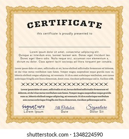 Orange Classic Certificate template. Vector illustration. With guilloche pattern and background. Modern design. 