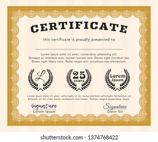 Orange Classic Certificate template. Vector illustration. With linear background. Good design. 