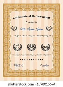 Orange Classic Certificate template. Vector illustration. Printer friendly. Modern design. 