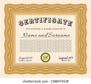 Orange Classic Certificate template. Vector illustration. With linear background. Lovely design. 