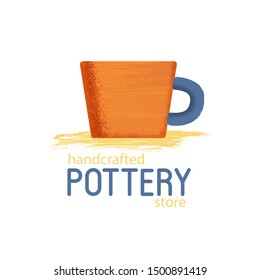 Orange clay cup with textured shadow on white background. Handcrafted pottery store banner. Handmade ceramics vector illustration. Pottery workshop logo.