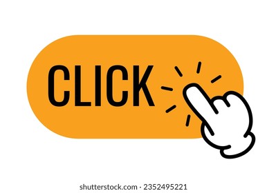 Orange "Click Here" button with stylised cartoon hand icon. Isolated on a white background