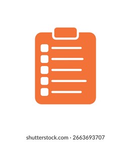 Icono de Portapapeles naranja con cinco líneas en blanco para texto sobre fondo blanco. El gráfico de Vector simboliza tareas, organización y listas de verificación en un diseño minimalista.