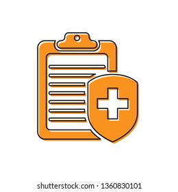 Orange Clipboard with medical insurance icon isolated on white background. Patient protection. Clipboard and shield with a cross as a symbol insurance. Vector Illustration