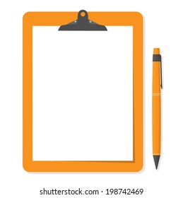 Orange clipboard with white paper and pen put alongside.