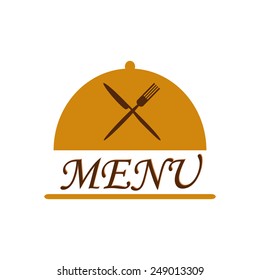 Orange cloche with crossed brown flatware and menu text. Restaurant and cafe