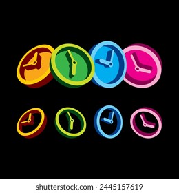 orange clock, green clock, blue clock, pink clock concept. perspective colorful clocks