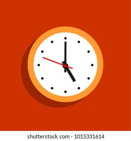 Orange clock hanging on a wall. Vector illustration in flat style.