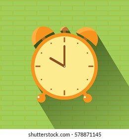 Orange clock icon, 10 O'clock flat design vector illustration with long shadow on green background