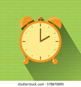 Orange clock icon, 2 O'clock flat design vector illustration with long shadow on green background