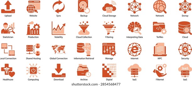 Orange cloud computing and data icons. Upload, website, sync, backup, cloud storage, network, filtering, terabytes, shared hosting, information retrieval, archive and SaaS two tone symbols