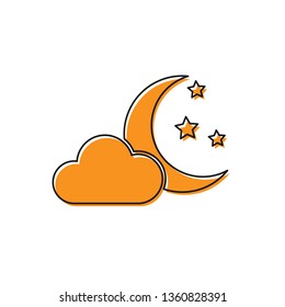 Orange Cloud with moon and stars icon isolated on white background. Cloudy night sign. Sleep dreams symbol. Night or bed time sign. Vector Illustration