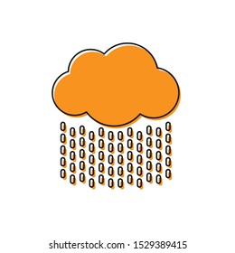Orange Cloud with rain icon isolated on white background. Rain cloud precipitation with rain drops.  Vector Illustration