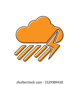 Orange Cloud with rain and lightning icon isolated on white background. Rain cloud precipitation with rain drops.Weather icon of storm.  Vector Illustration
