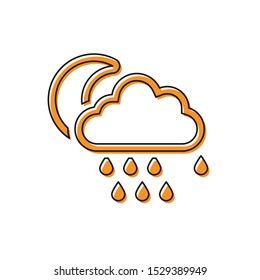 Orange Cloud with rain and moon icon isolated on white background. Rain cloud precipitation with rain drops.  Vector Illustration