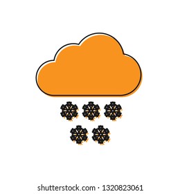 Orange Cloud with snow icon isolated on white background. Cloud with snowflakes. Single weather icon. Snowing sign. Vector Illustration