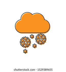 Orange Cloud with snow icon isolated on white background. Cloud with snowflakes. Single weather icon. Snowing sign.  Vector Illustration